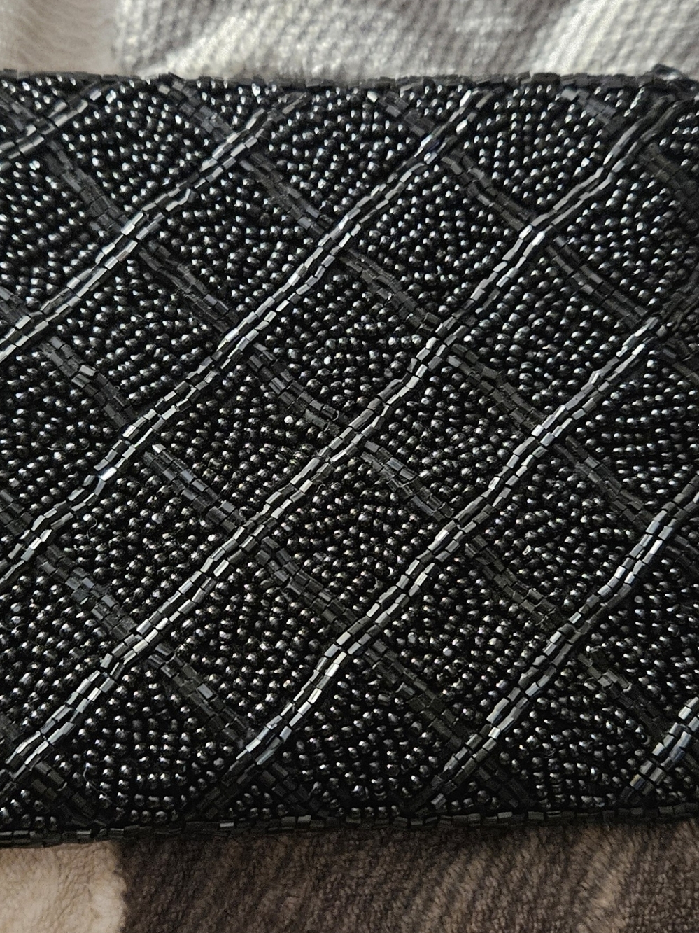 Black Beaded Mini Clutch or Cosmetic Bag with Geometric Pattern